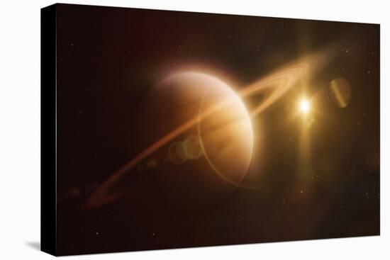 Saturn in Outer Space Against Sun and Star Field-null-Stretched Canvas