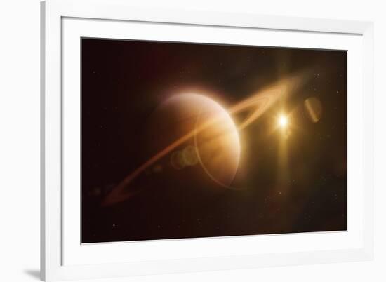 Saturn in Outer Space Against Sun and Star Field-null-Framed Art Print