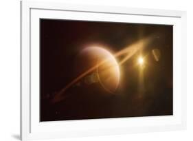 Saturn in Outer Space Against Sun and Star Field-null-Framed Art Print