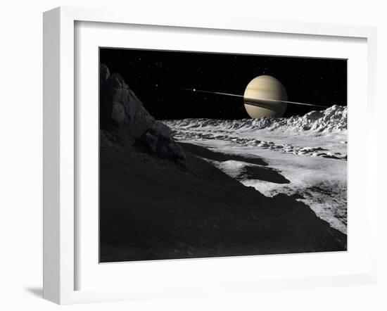 Saturn's Moon, Tethys, Is Split by an Enormous Valley Called Ithaca Chasma-Stocktrek Images-Framed Photographic Print