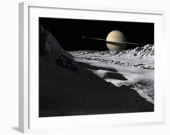 Saturn's Moon, Tethys, Is Split by an Enormous Valley Called Ithaca Chasma-Stocktrek Images-Framed Photographic Print