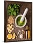 Sauce Pesto and its Ingredients on Rough Wood-Andrii Gorulko-Framed Photographic Print