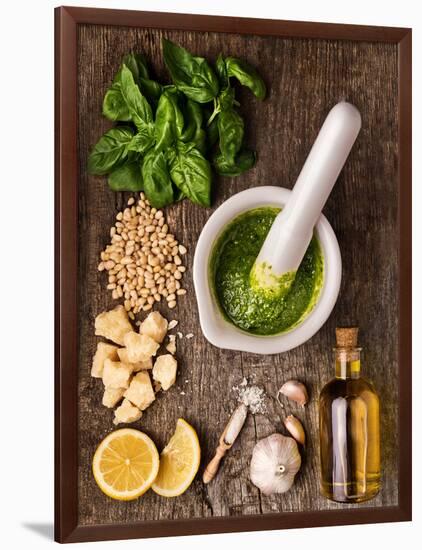 Sauce Pesto and its Ingredients on Rough Wood-Andrii Gorulko-Framed Photographic Print