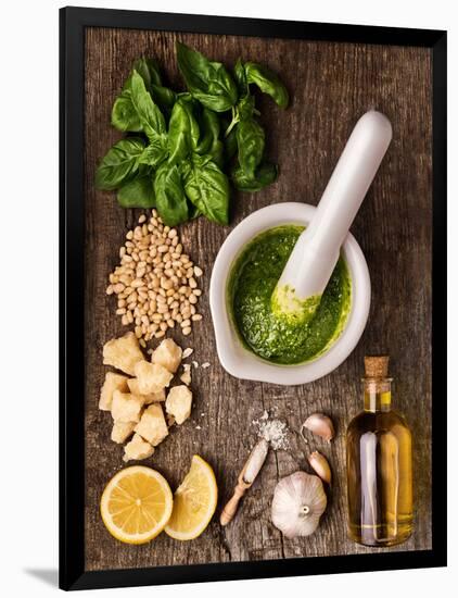 Sauce Pesto and its Ingredients on Rough Wood-Andrii Gorulko-Framed Photographic Print