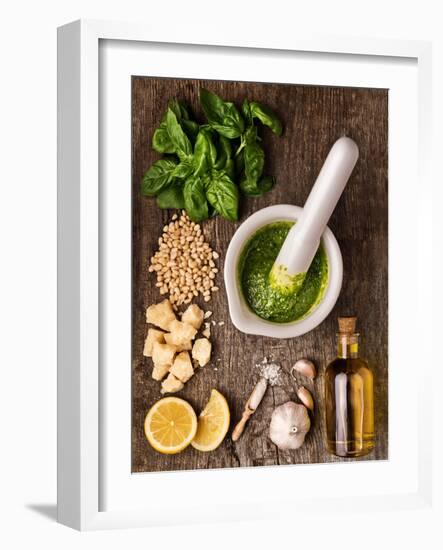 Sauce Pesto and its Ingredients on Rough Wood-Andrii Gorulko-Framed Photographic Print