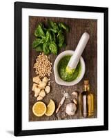 Sauce Pesto and its Ingredients on Rough Wood-Andrii Gorulko-Framed Photographic Print