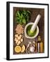 Sauce Pesto and its Ingredients on Rough Wood-Andrii Gorulko-Framed Photographic Print