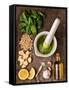 Sauce Pesto and its Ingredients on Rough Wood-Andrii Gorulko-Framed Stretched Canvas