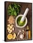 Sauce Pesto and its Ingredients on Rough Wood-Andrii Gorulko-Framed Stretched Canvas