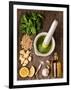 Sauce Pesto and its Ingredients on Rough Wood-Andrii Gorulko-Framed Premium Photographic Print