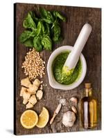 Sauce Pesto and its Ingredients on Rough Wood-Andrii Gorulko-Stretched Canvas