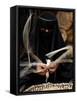 Saudi Woman Works to Demonstrate Her Craft as She Makes a Cane Box at a Fair in Riyadh-null-Framed Stretched Canvas