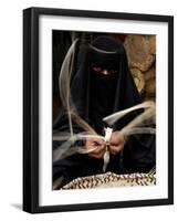 Saudi Woman Works to Demonstrate Her Craft as She Makes a Cane Box at a Fair in Riyadh-null-Framed Photographic Print