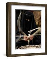 Saudi Woman Works to Demonstrate Her Craft as She Makes a Cane Box at a Fair in Riyadh-null-Framed Photographic Print