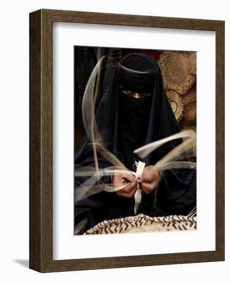 Saudi Woman Works to Demonstrate Her Craft as She Makes a Cane Box at a Fair in Riyadh-null-Framed Photographic Print