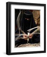 Saudi Woman Works to Demonstrate Her Craft as She Makes a Cane Box at a Fair in Riyadh-null-Framed Photographic Print