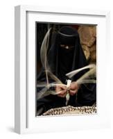 Saudi Woman Works to Demonstrate Her Craft as She Makes a Cane Box at a Fair in Riyadh-null-Framed Photographic Print