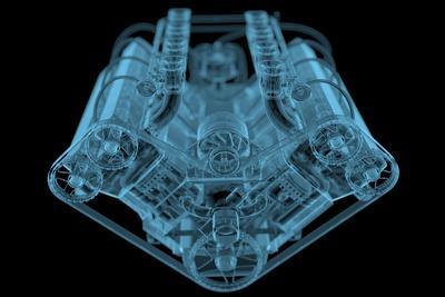 Car Engine X-Ray Blue Transparent Isolated on Black