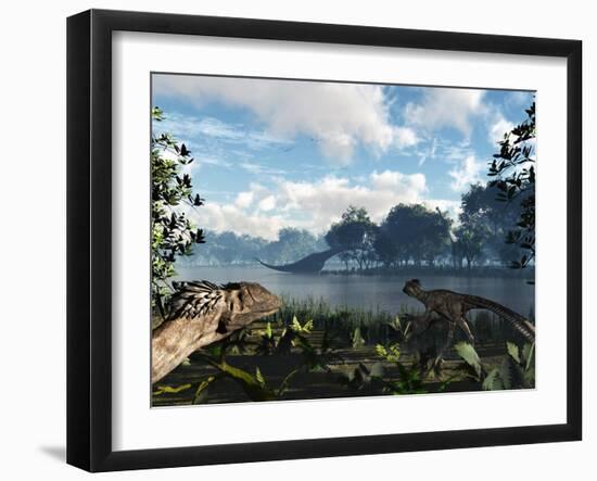 Sauroposeidon Graze While Feathered Deinonychus Look On-Stocktrek Images-Framed Photographic Print