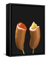 Sausages with Ketchup and Mustard on Wooden Cocktail Sticks-null-Framed Stretched Canvas