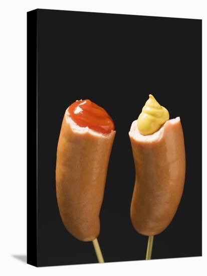 Sausages with Ketchup and Mustard on Wooden Cocktail Sticks-null-Stretched Canvas