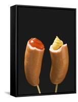 Sausages with Ketchup and Mustard on Wooden Cocktail Sticks-null-Framed Stretched Canvas