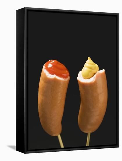 Sausages with Ketchup and Mustard on Wooden Cocktail Sticks-null-Framed Stretched Canvas