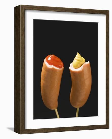 Sausages with Ketchup and Mustard on Wooden Cocktail Sticks-null-Framed Photographic Print