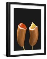 Sausages with Ketchup and Mustard on Wooden Cocktail Sticks-null-Framed Photographic Print