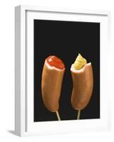 Sausages with Ketchup and Mustard on Wooden Cocktail Sticks-null-Framed Photographic Print