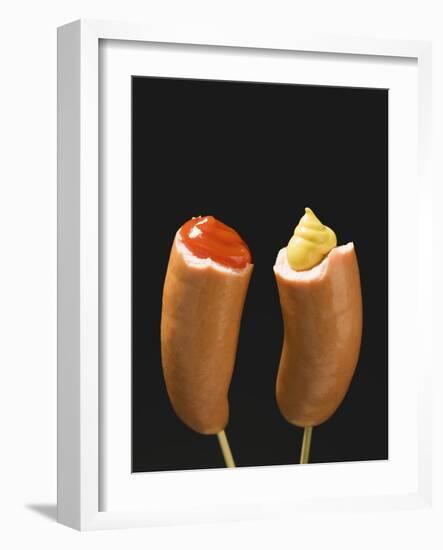 Sausages with Ketchup and Mustard on Wooden Cocktail Sticks-null-Framed Photographic Print