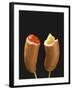 Sausages with Ketchup and Mustard on Wooden Cocktail Sticks-null-Framed Photographic Print