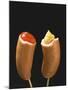 Sausages with Ketchup and Mustard on Wooden Cocktail Sticks-null-Mounted Photographic Print