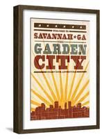 Savannah, Georgia - Skyline and Sunburst Screenprint Style-Lantern Press-Framed Art Print