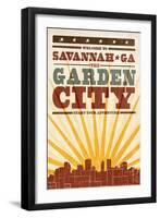 Savannah, Georgia - Skyline and Sunburst Screenprint Style-Lantern Press-Framed Art Print