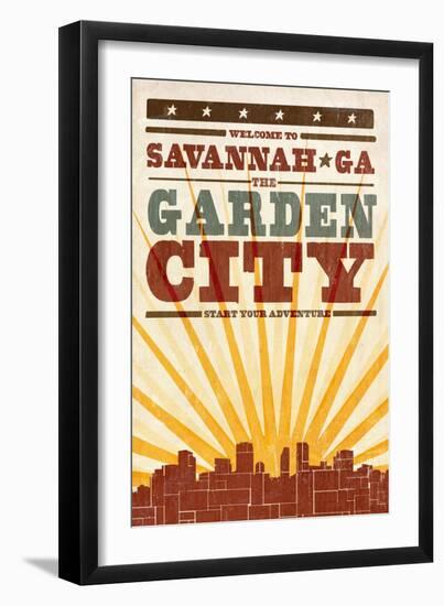 Savannah, Georgia - Skyline and Sunburst Screenprint Style-Lantern Press-Framed Art Print