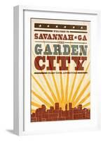 Savannah, Georgia - Skyline and Sunburst Screenprint Style-Lantern Press-Framed Art Print