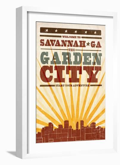 Savannah, Georgia - Skyline and Sunburst Screenprint Style-Lantern Press-Framed Art Print