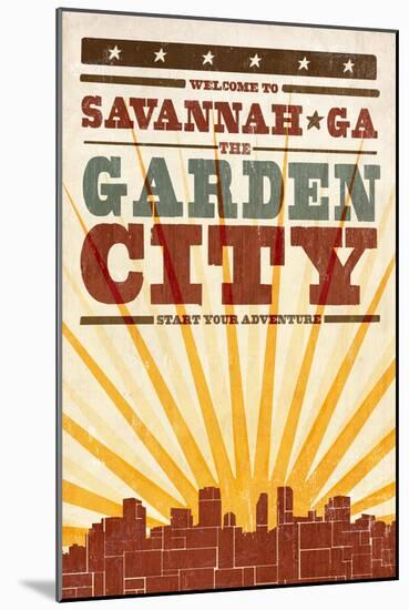 Savannah, Georgia - Skyline and Sunburst Screenprint Style-Lantern Press-Mounted Art Print