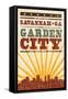 Savannah, Georgia - Skyline and Sunburst Screenprint Style-Lantern Press-Framed Stretched Canvas