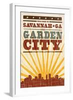 Savannah, Georgia - Skyline and Sunburst Screenprint Style-Lantern Press-Framed Art Print