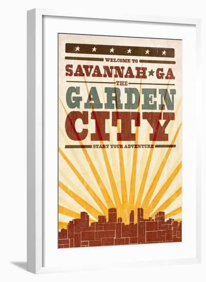 Savannah, Georgia - Skyline and Sunburst Screenprint Style-Lantern Press-Framed Art Print