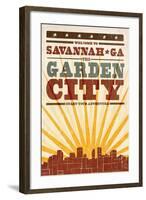 Savannah, Georgia - Skyline and Sunburst Screenprint Style-Lantern Press-Framed Art Print