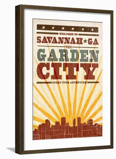 Savannah, Georgia - Skyline and Sunburst Screenprint Style-Lantern Press-Framed Art Print