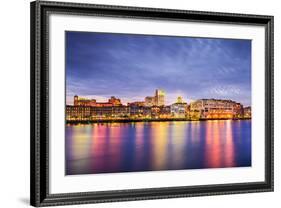 Savannah, Georgia, USA Downtown Skyline at the Riverfront at Dusk.-SeanPavonePhoto-Framed Photographic Print