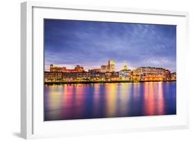 Savannah, Georgia, USA Downtown Skyline at the Riverfront at Dusk.-SeanPavonePhoto-Framed Photographic Print