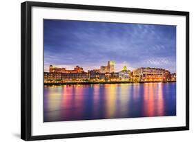 Savannah, Georgia, USA Downtown Skyline at the Riverfront at Dusk.-SeanPavonePhoto-Framed Photographic Print