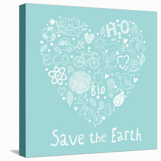 Save the Earth. Ecology Concept Card in Cartoon Style. Romantic Concept Background Made of Bicycle,-smilewithjul-Stretched Canvas