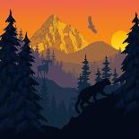 Vector Mountains Evening Landscape with Puma and Goat-SaveJungle-Stretched Canvas