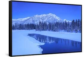 Sawback Range reflecting in Bow River near town of Banff, Canadian Rockies, Alberta, Canada-Stuart Westmorland-Framed Stretched Canvas
